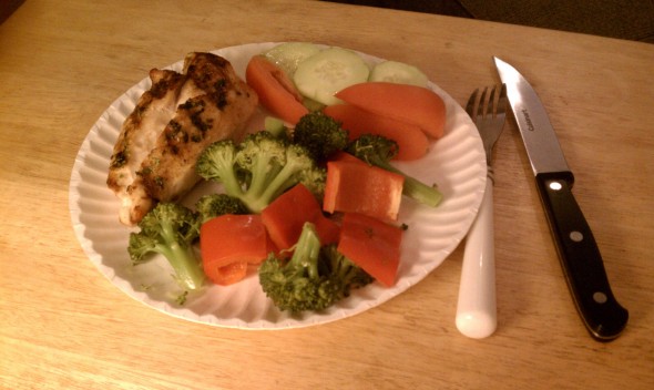 Chicken, broccoli, peppers, tomatoes, cucumbers.