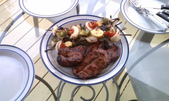 Grilled steak and vegetable kabobs